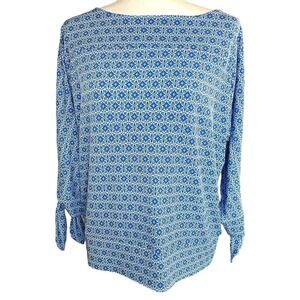 The Limited Blue Print Cold Shoulder Blouse Petite Large Tie Detail NWT